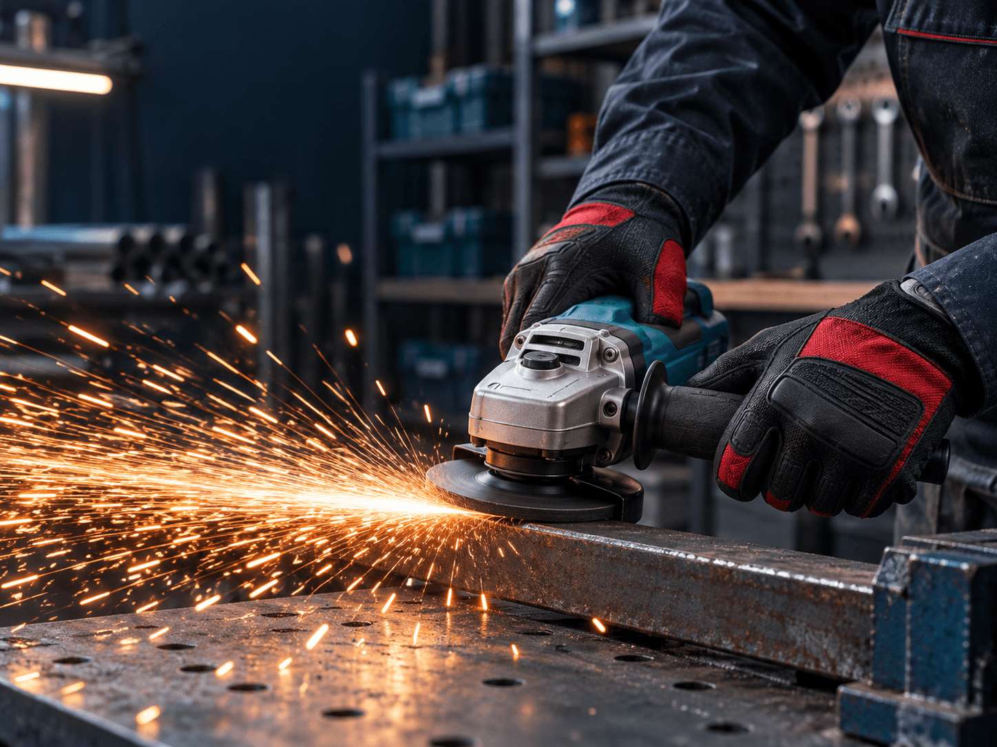 Người thợ sử dụng máy mài trong xưởng